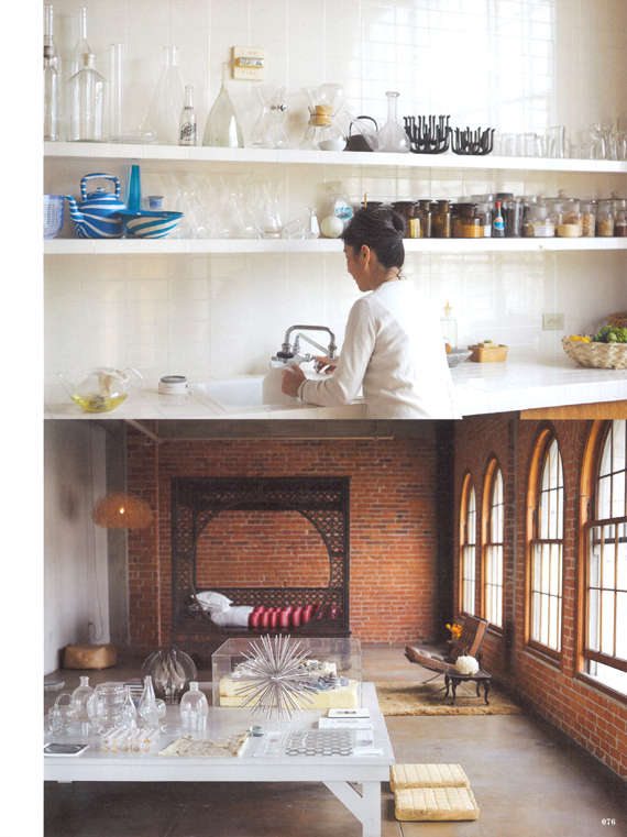 Top: Christina in her kitchen. Bottom: In the rear of the space is a guest bed. “It was a bed used for smoking opium.” Designer furniture is indistinct except for a lone Barcelona chair. The glass in the forefront is by Kaj Franck.