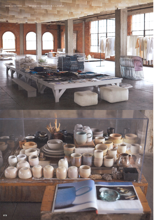 Top: All inspiration sources are flatly displayed. Mahatma Gandhi and Taj Mahal are two of the things she loves the most. In the middle case, folded African indigo textiles. Bottom: Organized by color and item. Christina leaves related literature close by.