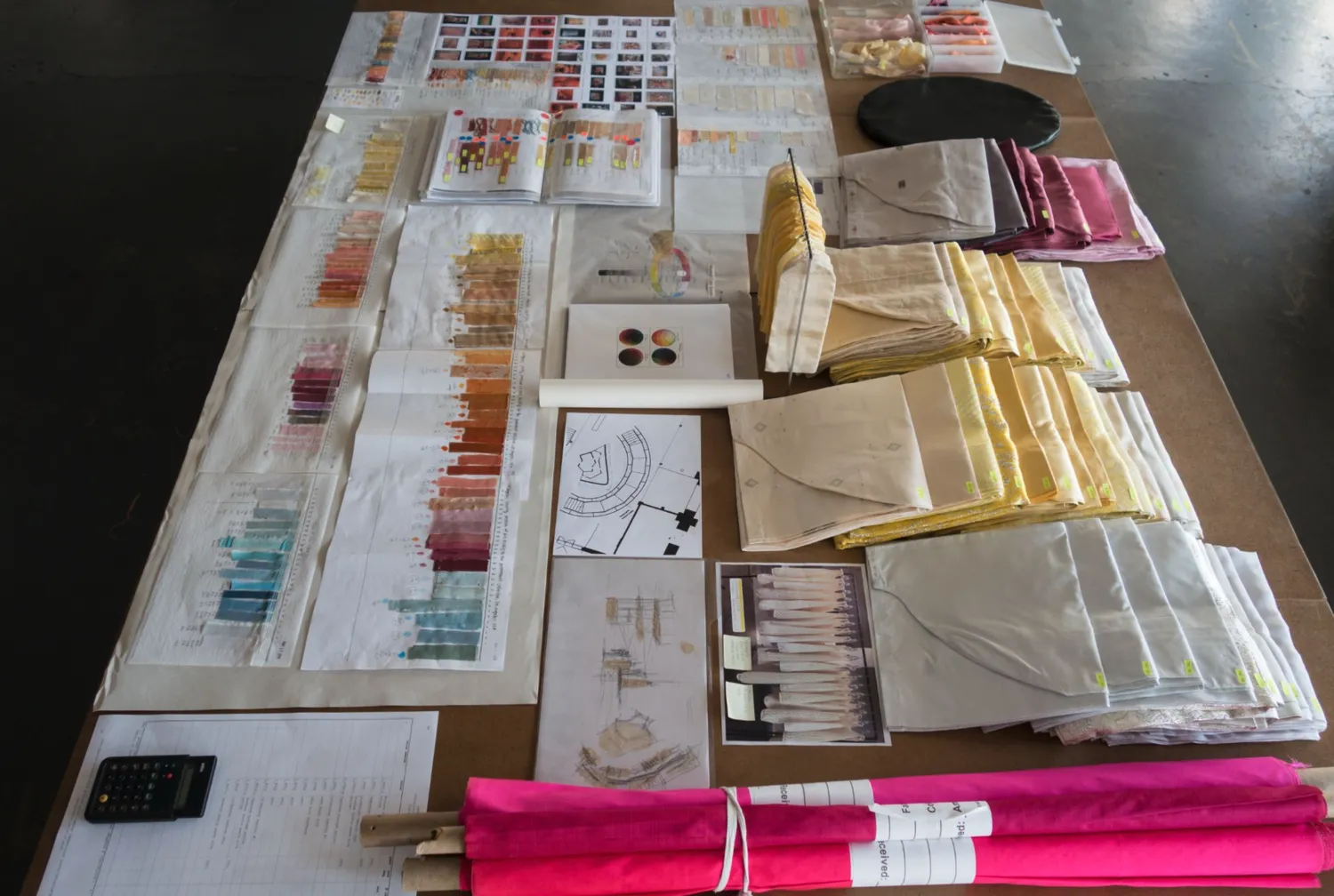 actual fabric color swatches and some finished pieces