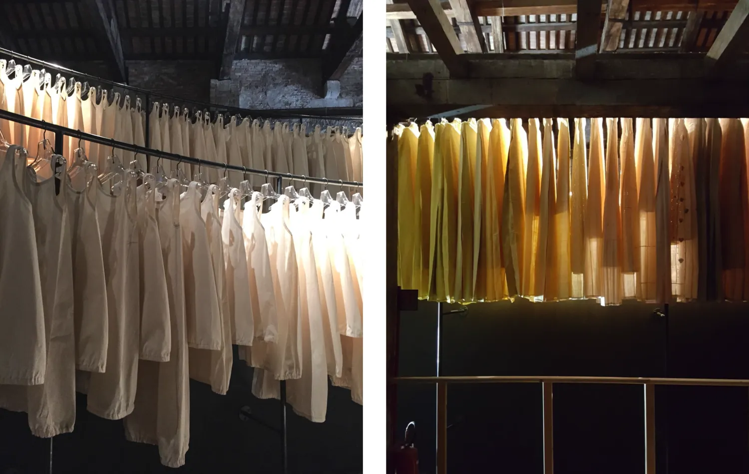starched muslins used as the internal structure for the overcoats (L); light passing through at various heights (R)