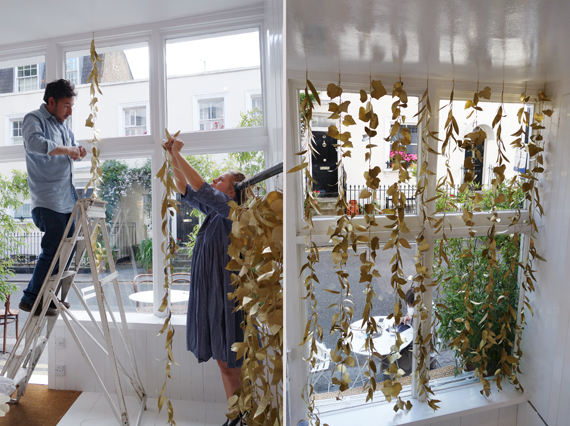 strands of golden leaves were constructed with handmade paper in Oaxaca