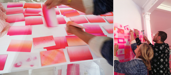 day 5: artist Sam Schonzeit helps to install the wall of his postcards. Time is running out!