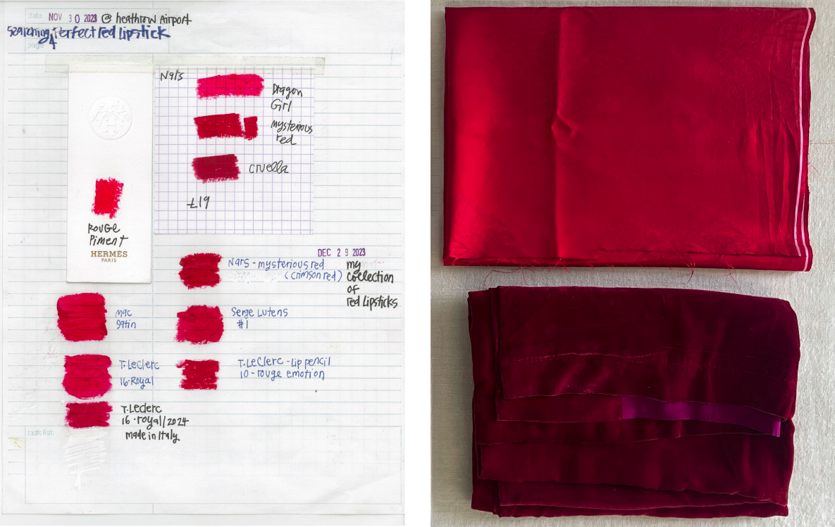 collection of Christina’s red lipstick chart for color study (L); Christina’s mother’s Korean red silk (top right), Christina’s grandmother’s kimono wrap (bottom right)