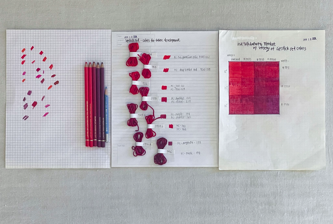 color threads and pencils are selected based on the three inspirations (L & M); designing by drawing the color blanket to be developed (R)