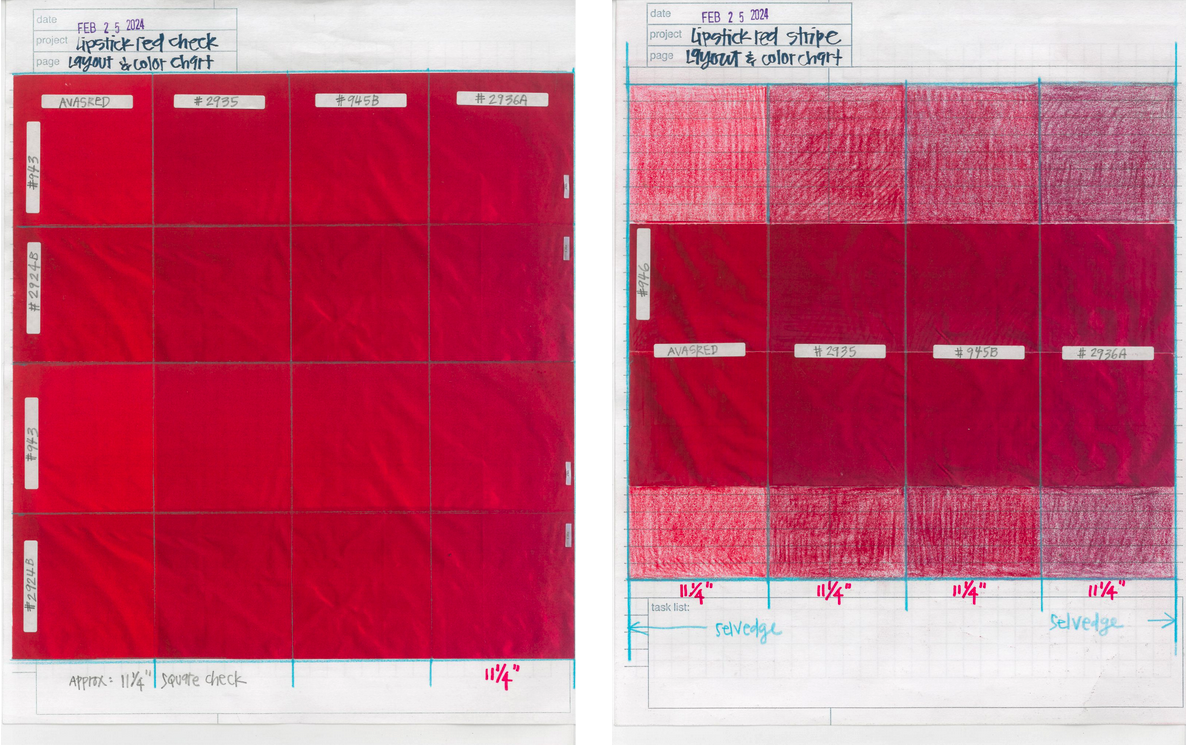 drawing of final layout for check fabric - selected 6 different color threads to create 8 shades of red (L); drawing of final layout for stripe fabric - selected 5 different color threads to create 4 shades of red (R)