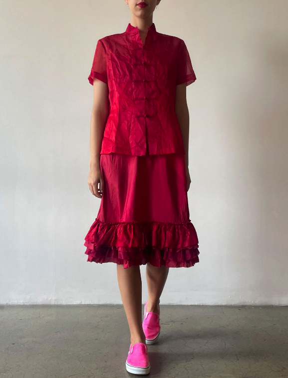 chinese blouse in vivian worn with slip with ruffles in lipstick