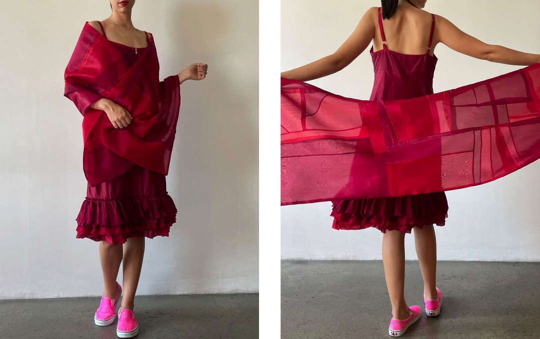 silk organza pojagi scarf in lipstick