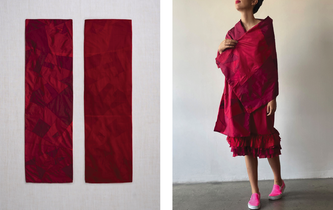 habutai and silk organza pojagi scarf in tibet