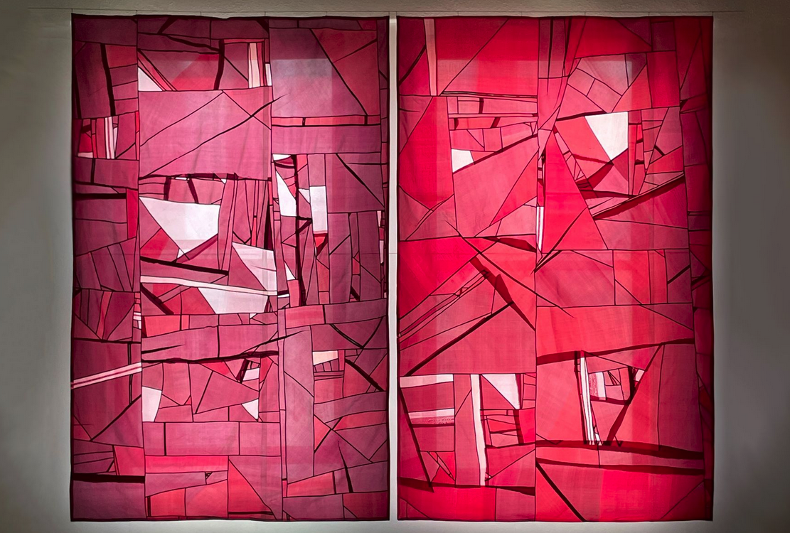 patched textile scrims in tibet (L) and lipstick (R) 