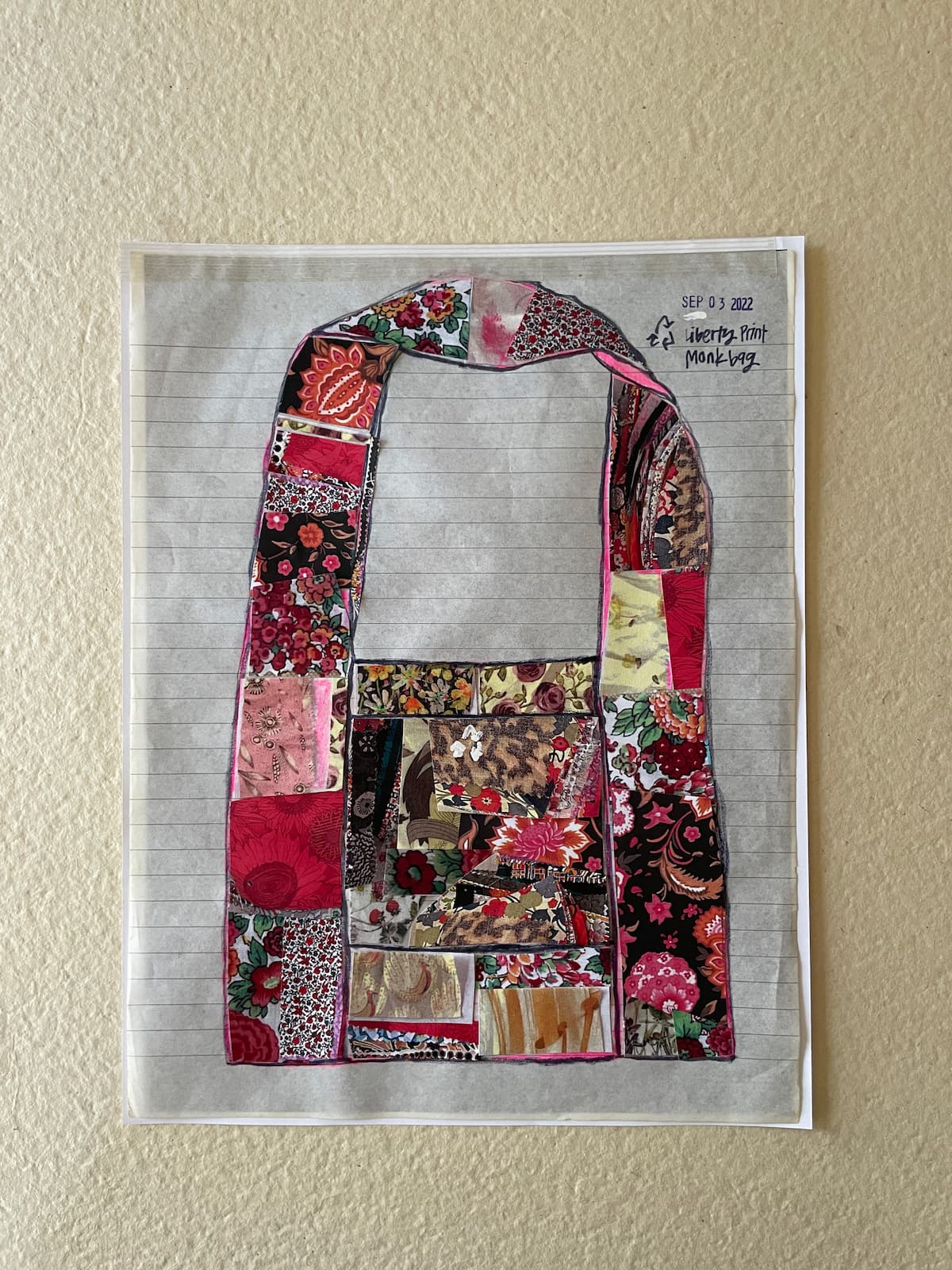recycled liberty print monk bag drawing