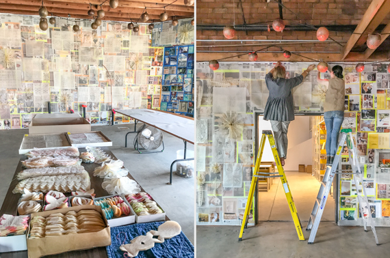 installing wall panels made using cheesecloth, organdy fabric cut-outs, and handmade papel picado