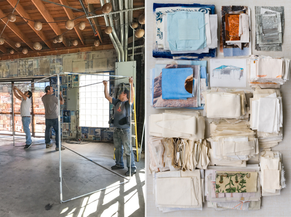 60 lbs of scrap canvas was saved and sorted by size and color to begin patchwork for the dressing tent. 9.3 lbs were used in the finished piece.