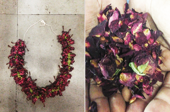 garland of dried red hibiscus; fresh rose petals