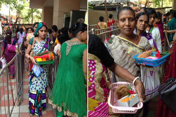 worshippers wait to enter with offerings