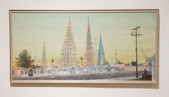 Gloria Stuart, Watts Towers I, 1960s, Oil on canvas, Los Angeles County Museum of Art, Gift of Sylvia Thompson Park, © Gloria Stuart | photo by Zach Lipp © 2015 Museum Associates/LACMA