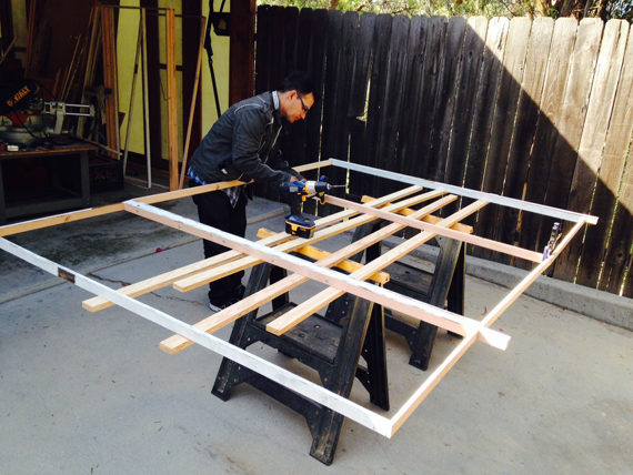José helps construct wooden frames in LA