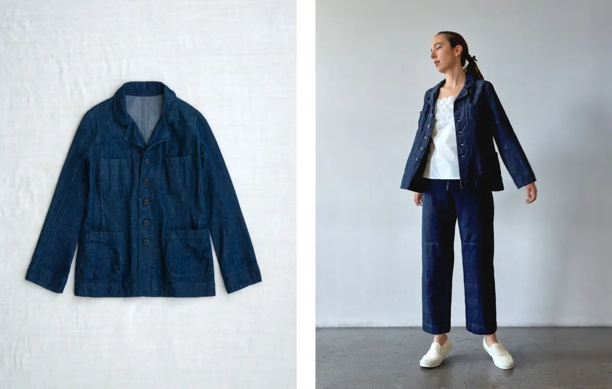 259KD41 safari jacket *indigo* worn with 00RK18 *rice* and 259KD56 *indigo*