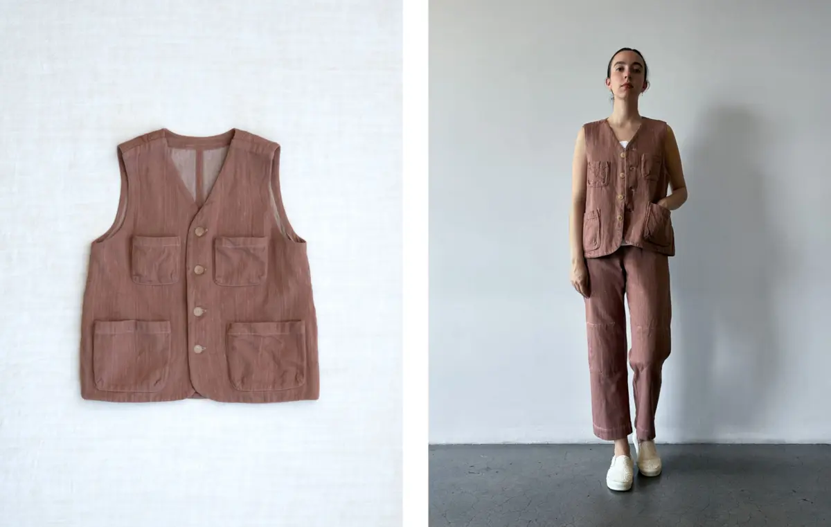 259KD44 vest *earth* worn with 00RK18 *rice* and 259KD56 *earth*