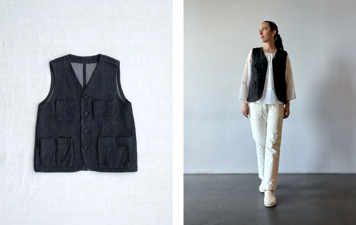 259KD44 vest *midnight* worn with 00RC29 *rice* and 00OH58 *atta*