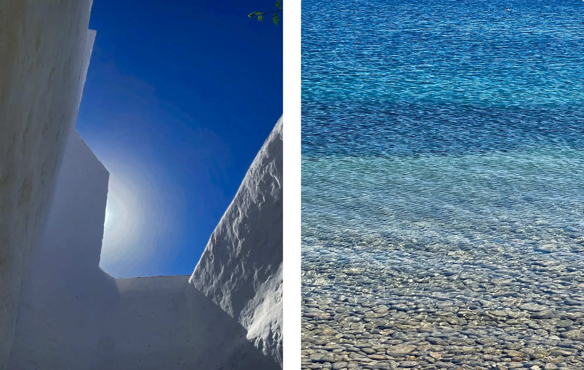 inspiration: sky from pagostas, Patmos, Greece - June 2024 (L); inspiration: water colors of Paralia Petra, Patmos, Greece - June 2024 (R)