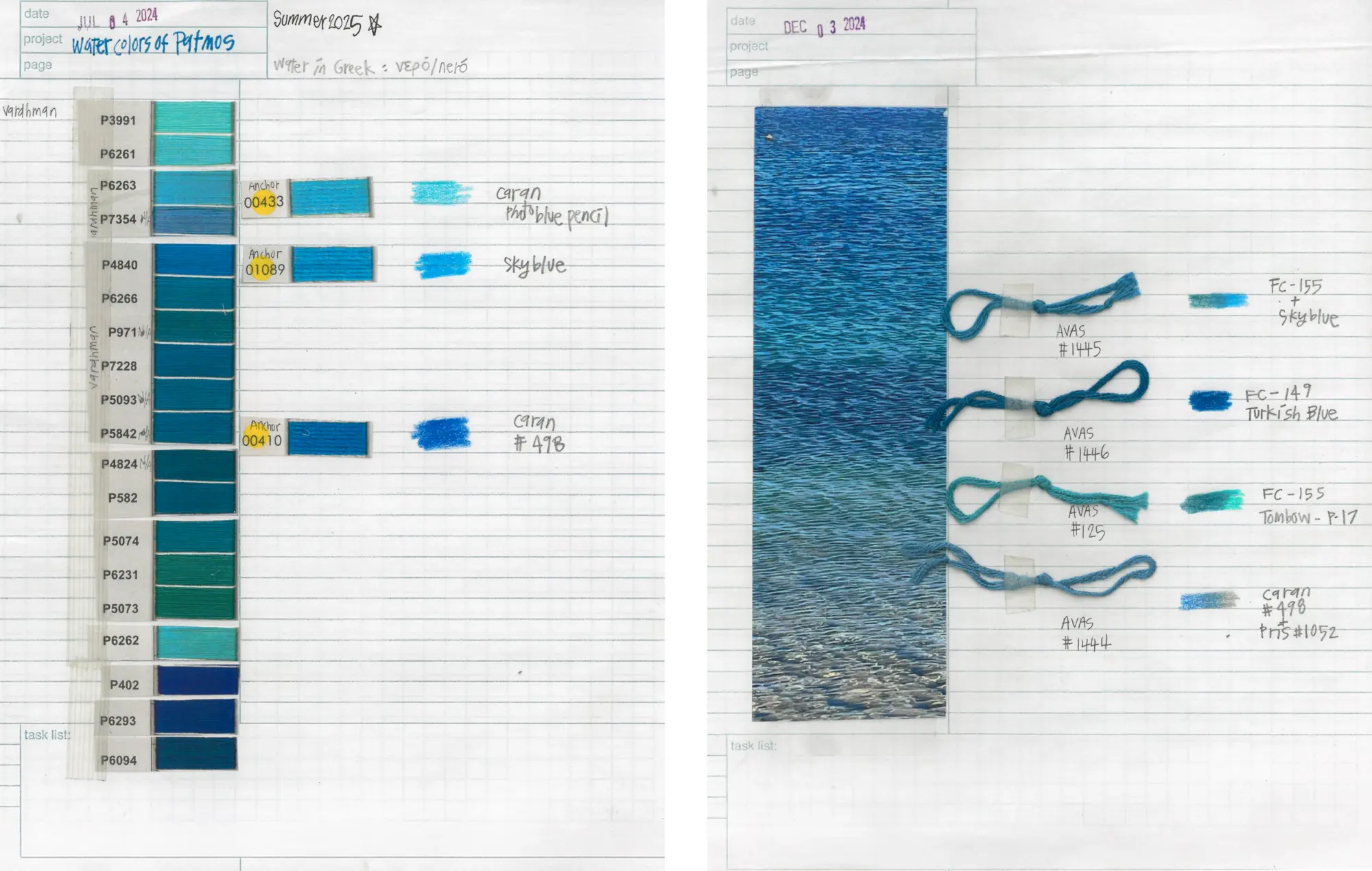 selecting thread colors to be used to design fabric, and matching color pencils