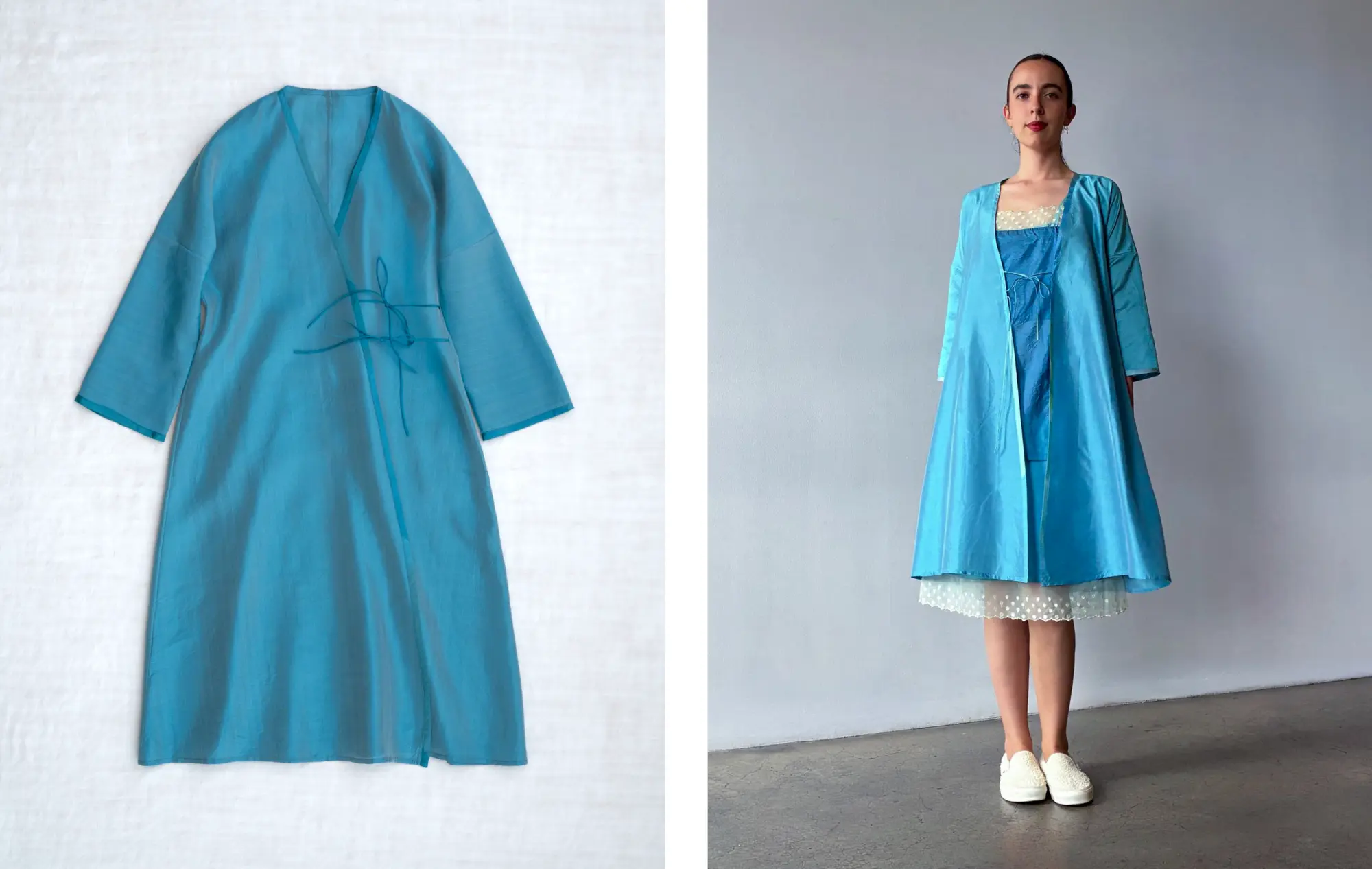 259SB08  wrap dress  *livadi (turq)* worn with 259RH19  *glaukos (sky)* and 259IH02L *petra (sea)*