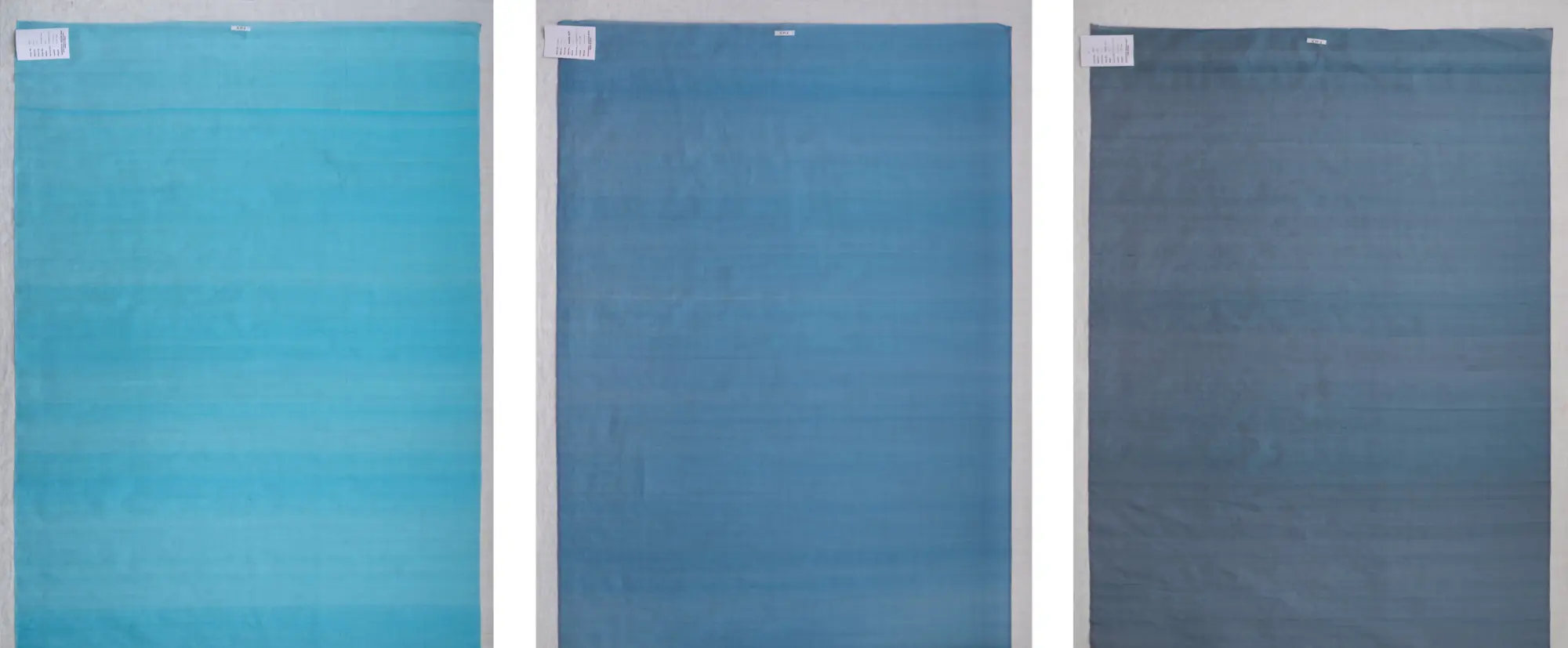 sheer silk organza: colors - *tragonissi (turq)*, *myrsini (blue)*, and *scala (navy)*