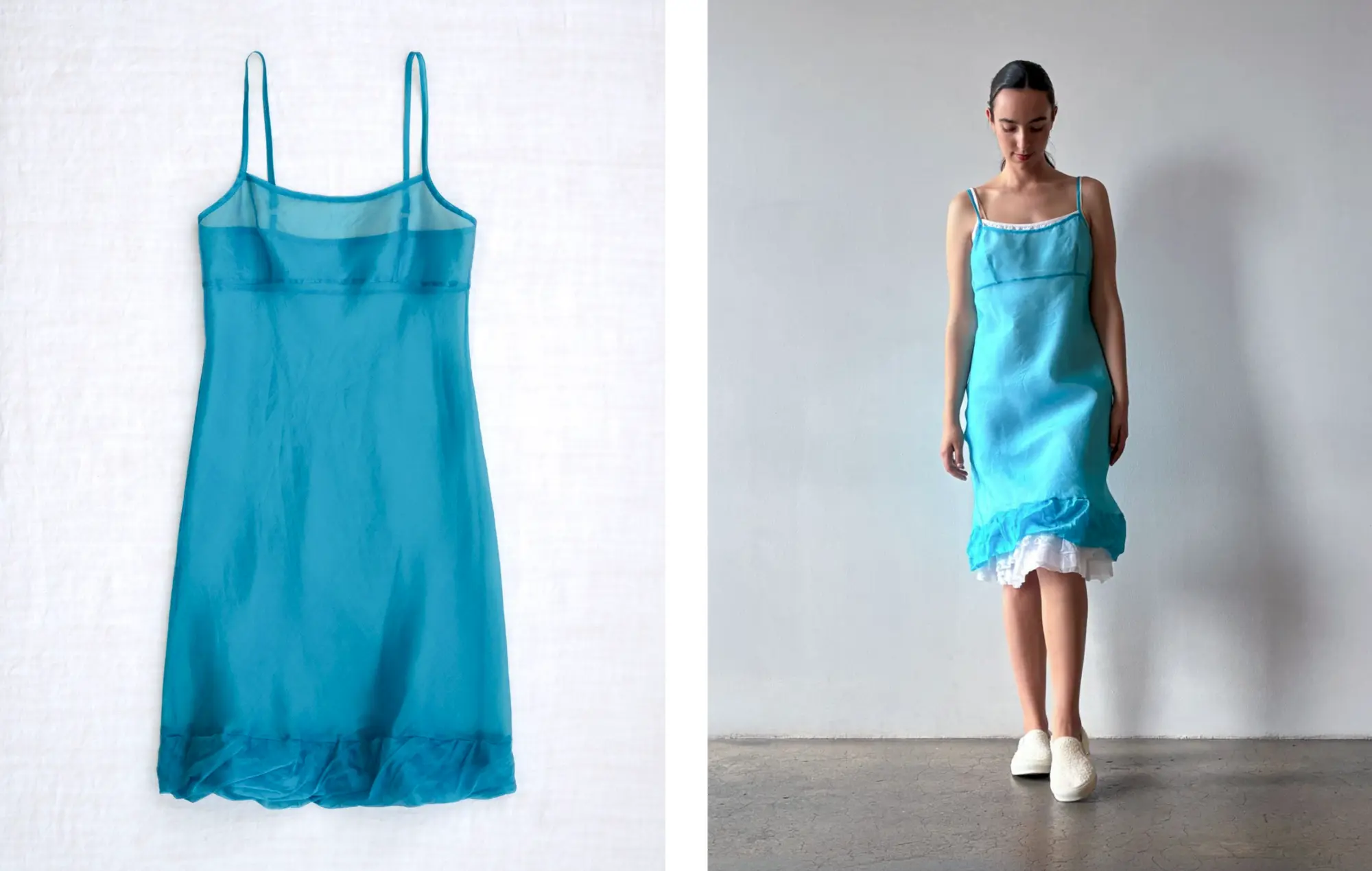 259SO01  simple slip w/ twisted ruffle  *tragonissi (turq)* worn with 00KD01 *rice*