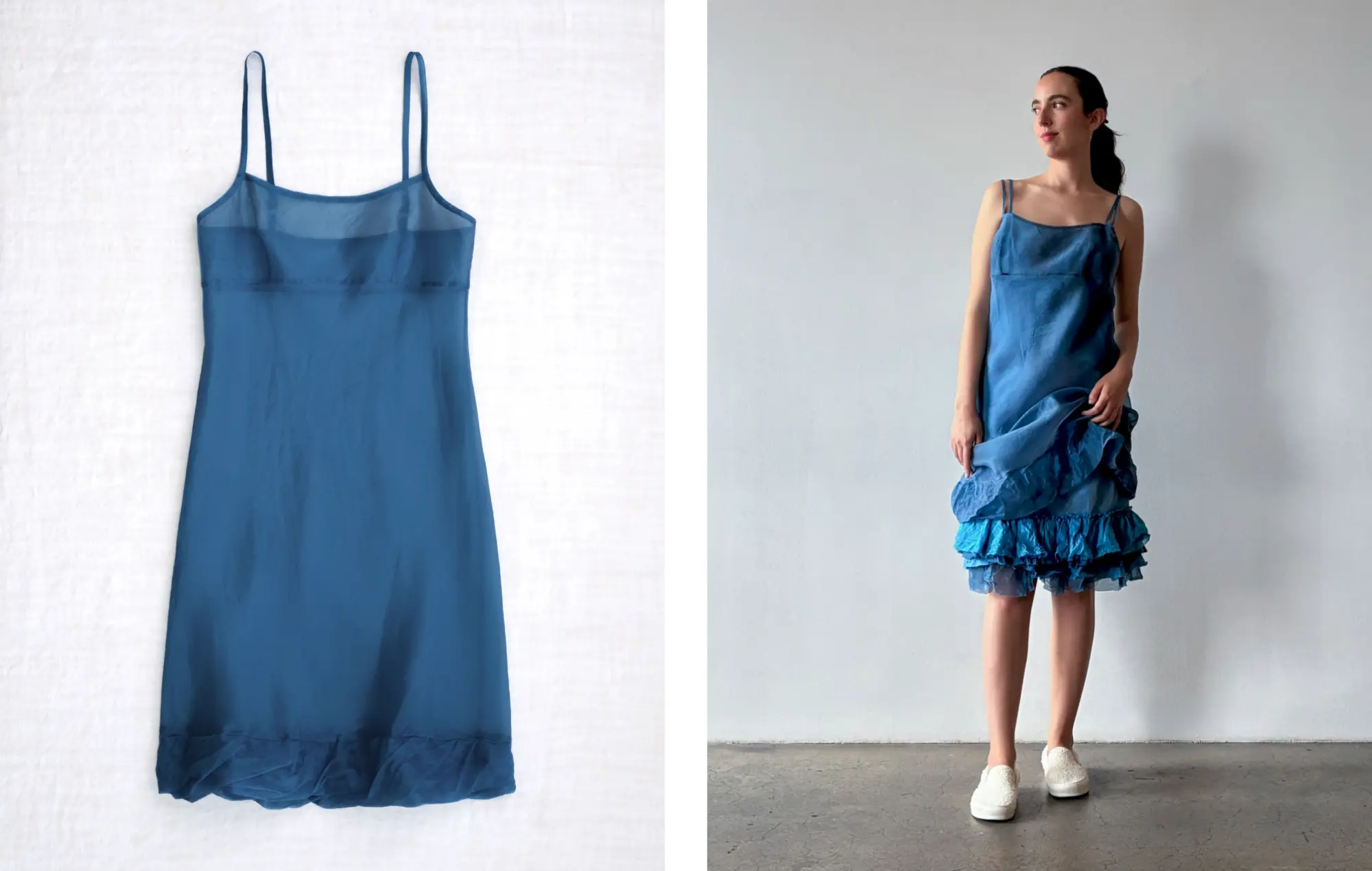 259SO01  simple slip w/ twisted ruffle  *scala (navy)* worn with 259SB01 *agriolivadi (blue)*