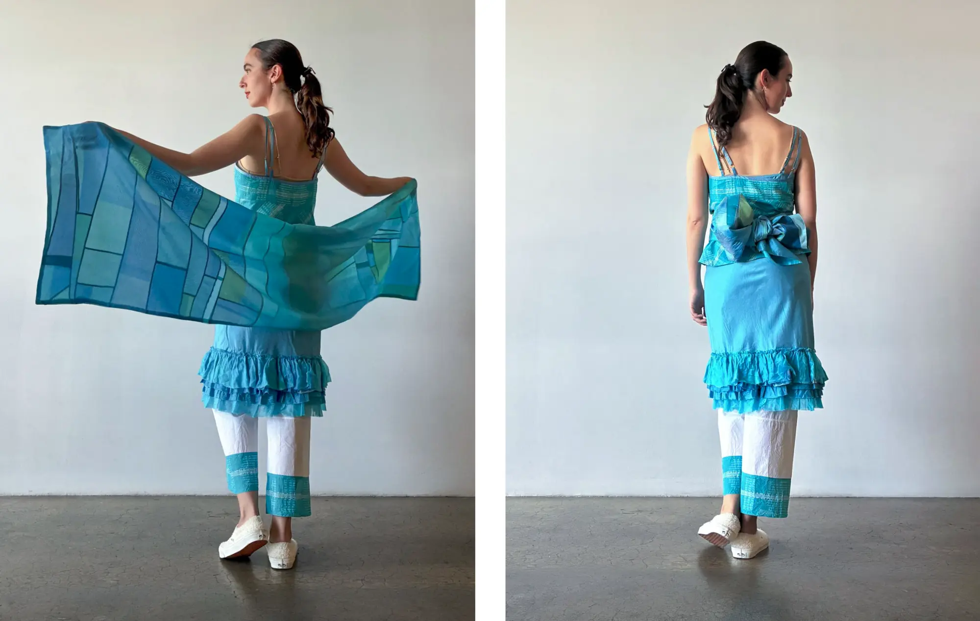 259RS73  pojagi scarf  *petra (sea)* worn with 259KJ16 *turquoise*, 259SB01 *livadi (turq)*, and 259RK54 *turquoise*