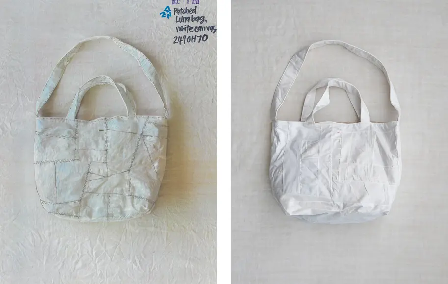 concept drawing for patched luna bag (L); finished patched luna bag (R)
