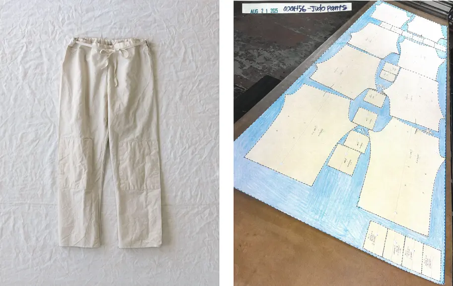 canvas judo pants in atta, dosa standard issue (L); highlighted in blue are the leftovers from cutting judo pants (R)