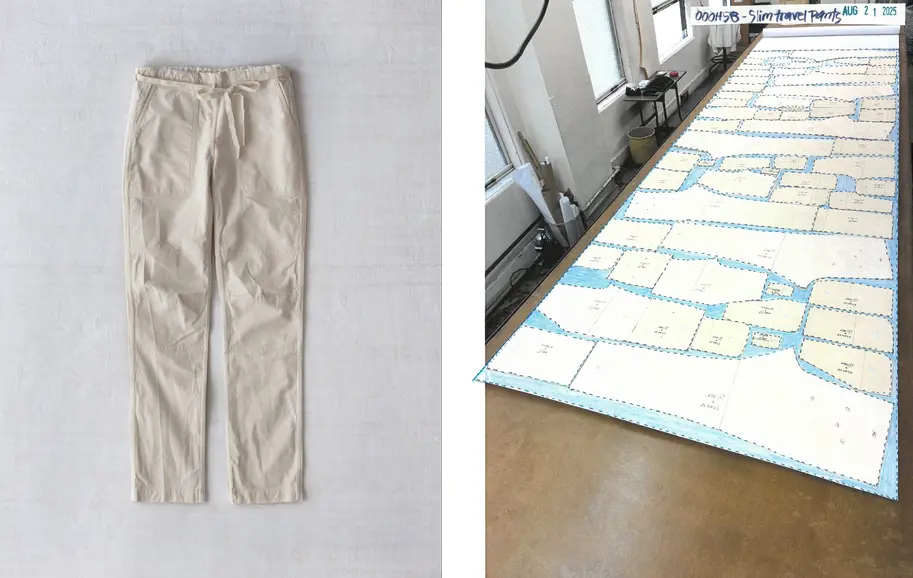 canvas slim travel pants in atta, dosa standard issue (L); highlighted in blue are the leftovers from cutting slim travel pants (R)