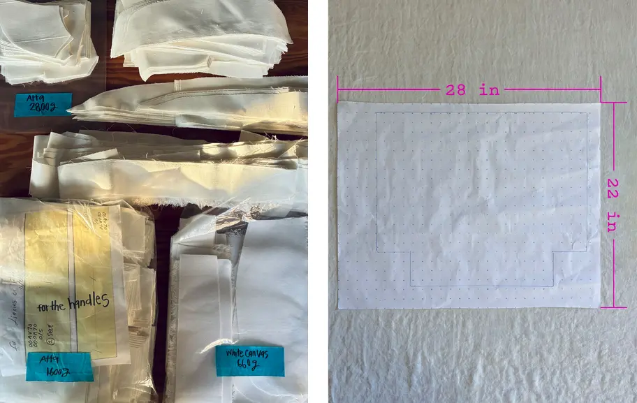 scraps from pants production sorted by shape for patching (L); minimum size for the patched panels: 22” x 28” (R)