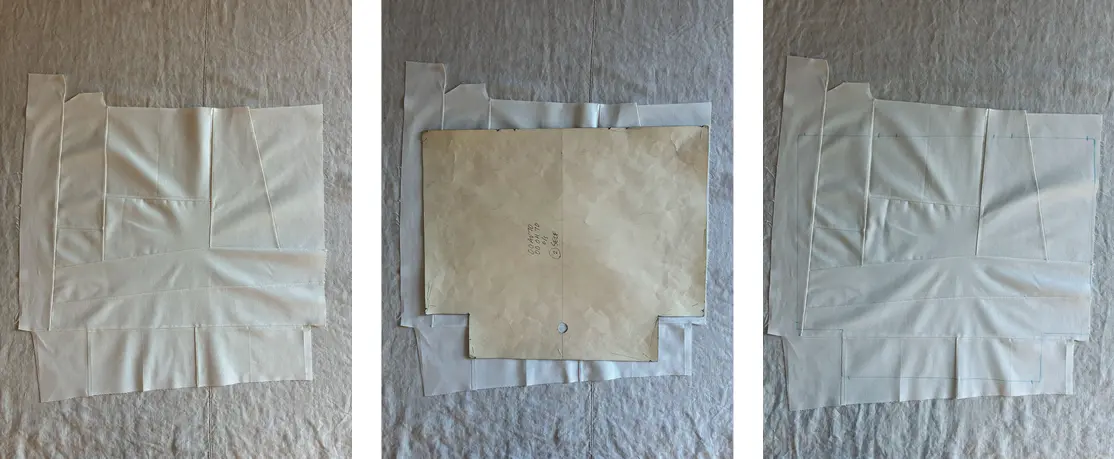 a large patched piece for one side of the luna bag (L); the pattern is positioned to maximize usable scraps after cutting (M); patchwork with cut line drawn (R)