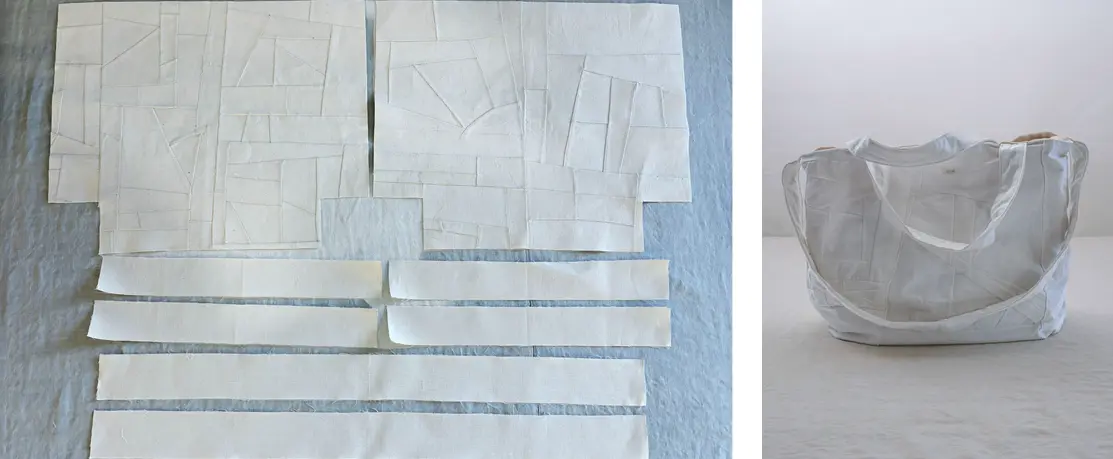 cut panels - weighing 235g (L); finished patched luna bag (R)
