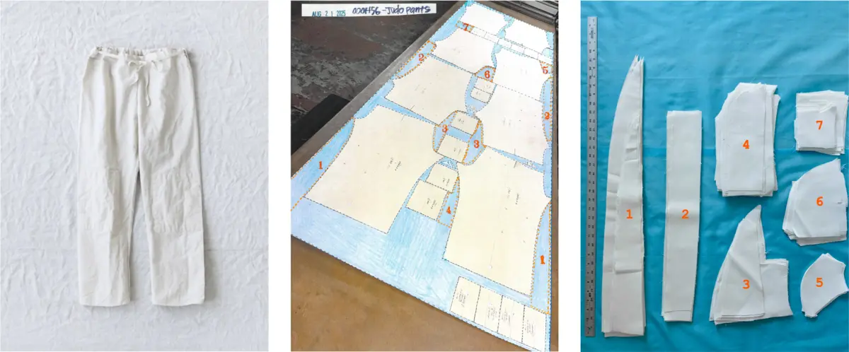 judo pants (00OH56) (L); cutting layout (marker) for judo pants with labels (M); scraps from cutting judo pants (R)