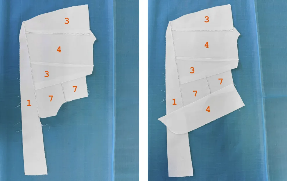 patched scrap and top-stitched (L); scraps to patch (R)