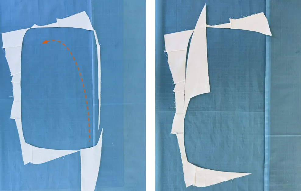 leftover scraps from cutting one side (L); patching other side using leftovers (R)